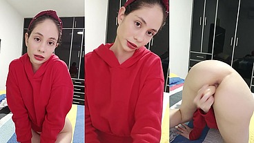 Beautiful white girl in red sweater masturbates hard