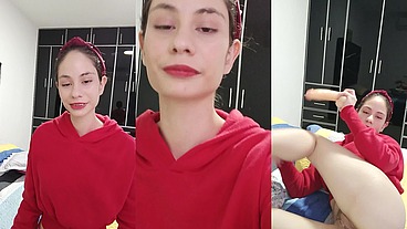 Beautiful white girl in red sweater masturbates hard