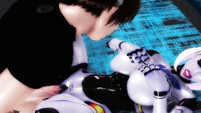 Watch this young nerdy babe with huge tits get drilled hard by her virtual robot pussy