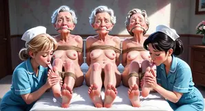 Nurses worship the feet of elderly women in an asylum.