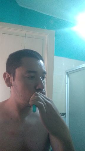 Washing my face while caressing my nipples