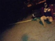 Hot mother in law training in public with dog leash having big orgasm with dildo