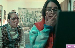 Two lesbian babes licked by busty mysterious lady
