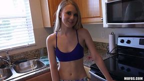 Young blond housewife Lily Rader takes dick in her mouth and twat in the kitchen