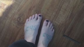 PLAYFUL DAY SUN AFTERNOON SMELLY BARE FEET IN THE LIVING ROOM BLONDE HARDWOOD FLOOR TOUCHDOWN TELEGRAM