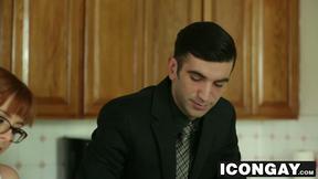 Billy  pulls his boss pants down and sucks on his big dick