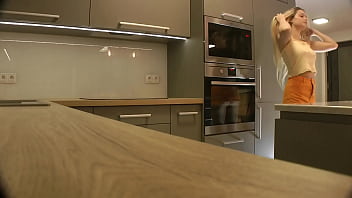 Hot sexy long legs beauty cute blonde college girl in a very short skirt to flash her ass and pussy in the kitchen