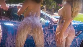 Ebony mommy and her naked GFs wash a car