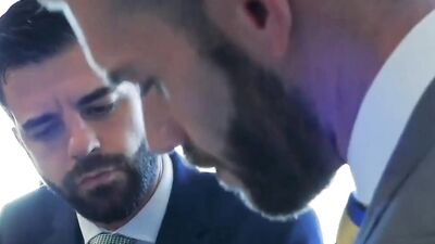 Handsome businessmen with beards and sexy suits fuck after blowjobs