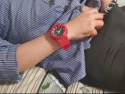 RED WATCH GUY BIG COCK INSIDE BLACK CALVIN KLEIN GLOSSY BOXERS DADDY IS JERKING OFF