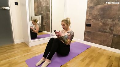 Stepsister’s tight leggings split wide open by greedy cock while she was just trying to stretch downward dog