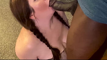 Pigtailed Succulent Samantha swallowing a black cock