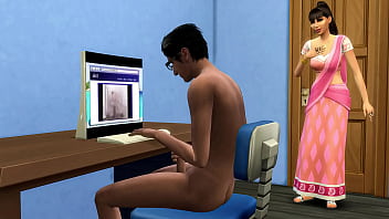 Indian Stepmom catches her nerd stepson masturbating in front of the computer watching porn videos - Full Video