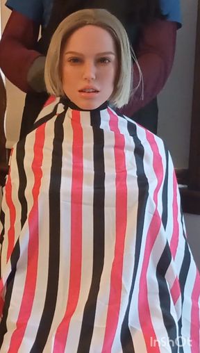 Jennifer haircutting cape modeling session