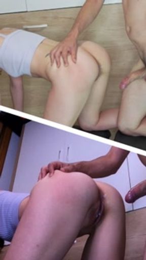 He sneaks up behind her during squats and fills her pussy with raw cum