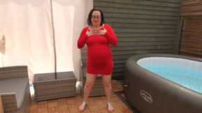 sexy mom showing off in red dress and sandals