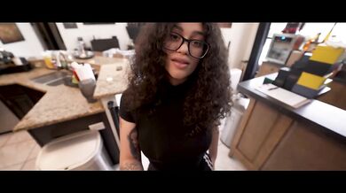 Step Dad lets curvy Daughter ride Thick Curly in Glasses