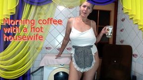 Morning coffee with a cheerful hot housewife chatting with fans over a cup of coffee while sitting on a washing machine