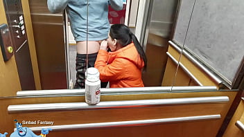 Funny girl sucking dick in a public elevator