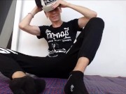 Chav lad in sportswear shows off his feet in dirty socks and big cock on the balcony