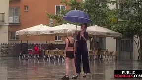 Lezdom redhead MILF shows teen 18+ bondservant outdoor in public