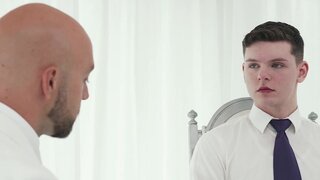 Bald pervert is fingering and examining the twink lad