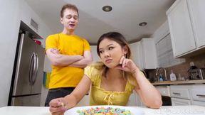 Pretty 18yo Asian Lulu Chu Banged by Stepbrother in the kitchen - cum in mouth