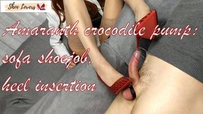 Amaranth crocodile pumps shoejob heel insertion on the sofa bgm