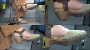 Candid sandals and feet heel close-up, candid foot fetish admiration.