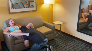 Fucked On A Couch While Hubby Watches And Films