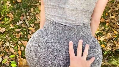 POV redhead chick in yoga pants gives a sloppy blowjob to her boyfriend outdoors