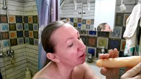 horny granny mariaold riding big white cock dildo, do blowjob and get cum on face and huge tits