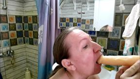 horny granny mariaold riding big white cock dildo, do blowjob and get cum on face and huge tits