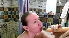 horny granny mariaold riding big white cock dildo, do blowjob and get cum on face and huge tits