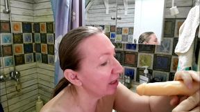 horny granny mariaold riding big white cock dildo, do blowjob and get cum on face and huge tits