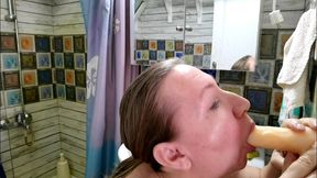 horny granny mariaold riding big white cock dildo, do blowjob and get cum on face and huge tits