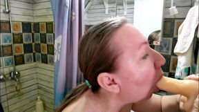 horny granny mariaold riding big white cock dildo, do blowjob and get cum on face and huge tits