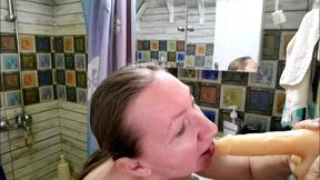 horny granny mariaold riding big white cock dildo, do blowjob and get cum on face and huge tits