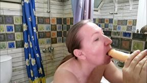 horny granny mariaold riding big white cock dildo, do blowjob and get cum on face and huge tits