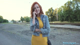 Public Agent Sexy redhead waitress sucks cock and gets fucked doggystyle outside in public
