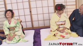 Geishas Sakura and Sayuri having nasty group sex with two dudes