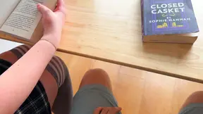 Hot college girl gives sloppy hand job with panties and foot job under