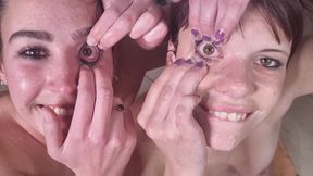 Two Sluts Jerking My Dick in POV, Cum in Eye, Dirty Talk, Piss in Eyes
