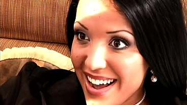 Dark Haired Doll Takes on Two Big Dicks