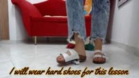 Crushing in 2 shoes, Birkenstock and Wooden Sandals a metal toycar