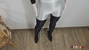 SpandexQueen sucks balls in her black + white spandex suit and drains his balls on her mask