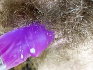 Bunny dildo test masturbation POV closeup erected big love button moist orgasm shaggy pussy