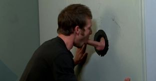 Blonde lover and his mate combine glory hole oral with deep bareback sex