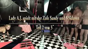 Lady A J plays with her slave Sandy and four other slaves in this explicit