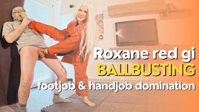 Roxane red gi ballbusting footjob and handjob domination